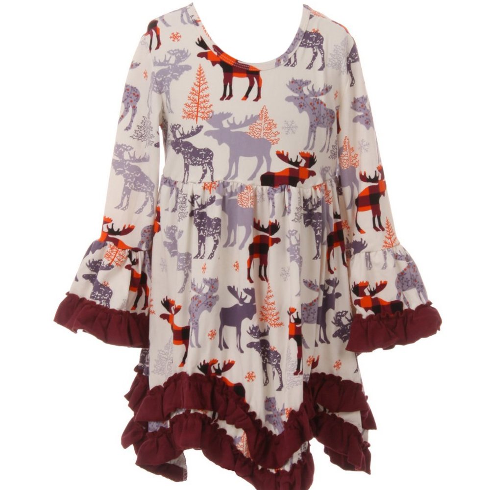 Little Girls Toddler Infant Long Sleeve Multi Reindeers Christmas Girls Dress